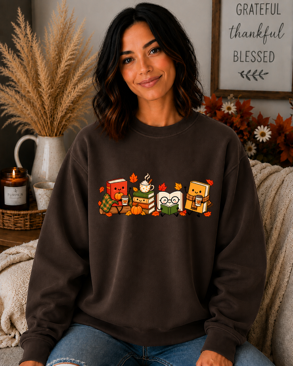 Cozy Fall Book Lover Gildan Sweatshirt – Cute Reading Books, Coffee & Pumpkin Autumn Graphic Crewneck