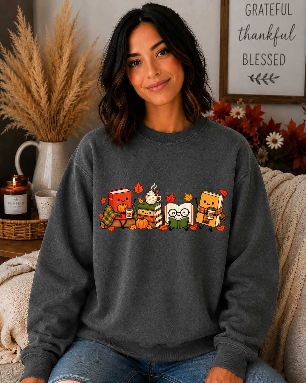 Cozy Fall Book Lover Gildan Sweatshirt – Cute Reading Books, Coffee & Pumpkin Autumn Graphic Crewneck