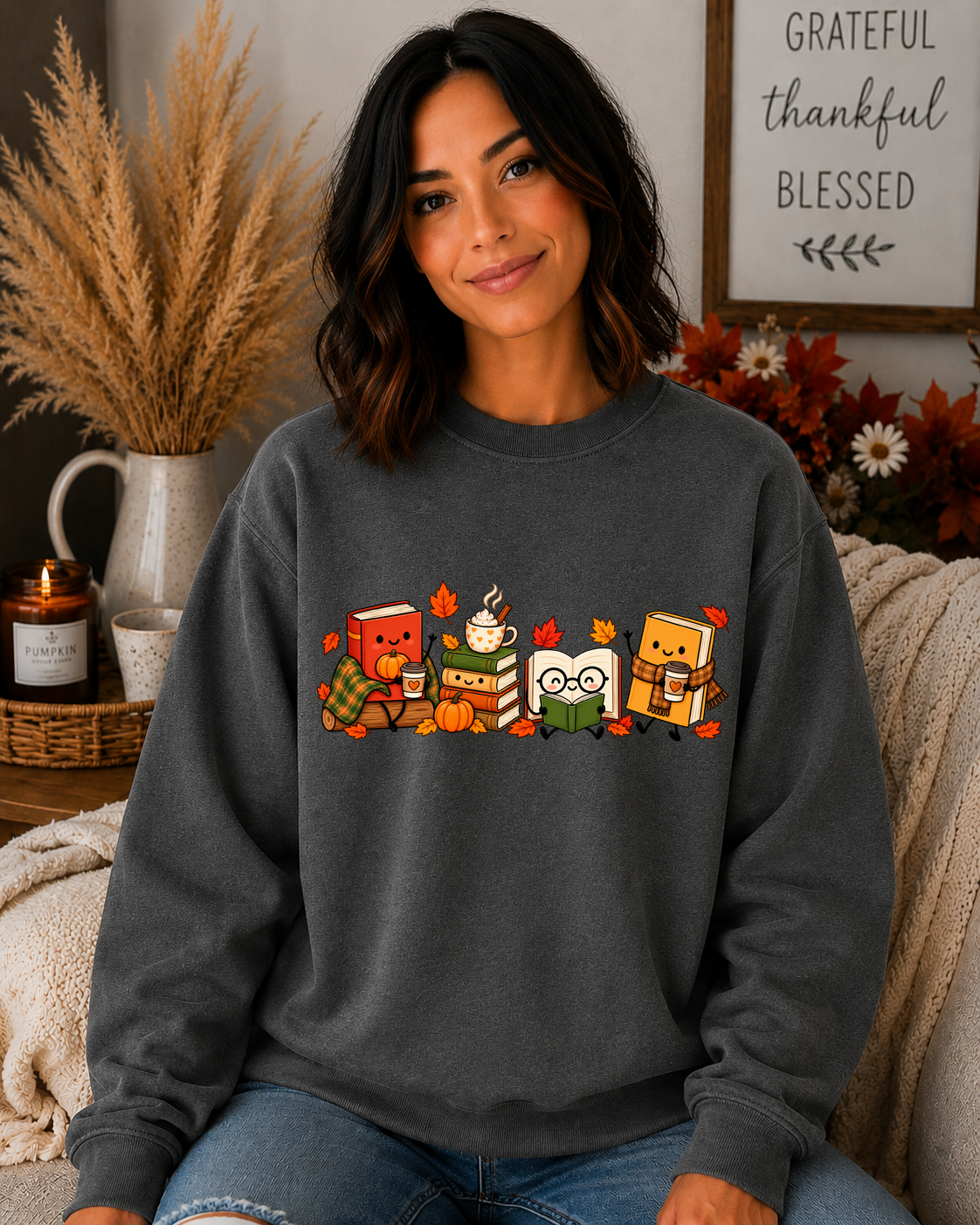 Cozy Fall Book Lover Gildan Sweatshirt – Cute Reading Books, Coffee & Pumpkin Autumn Graphic Crewneck