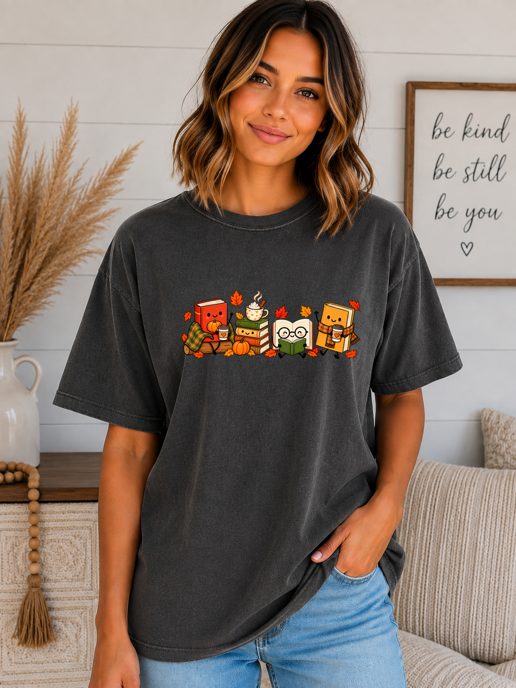 Cozy Fall Book Lover Comfort Colors T-Shirt – Cute Autumn Reading Books, Coffee & Pumpkin Graphic Tee