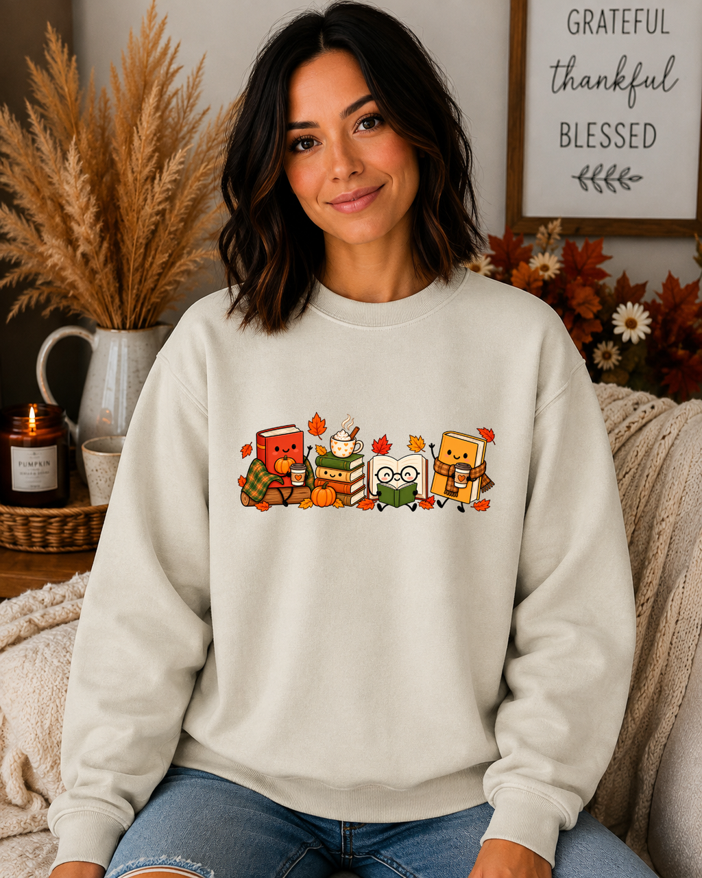Cozy Fall Book Lover Gildan Sweatshirt – Cute Reading Books, Coffee & Pumpkin Autumn Graphic Crewneck