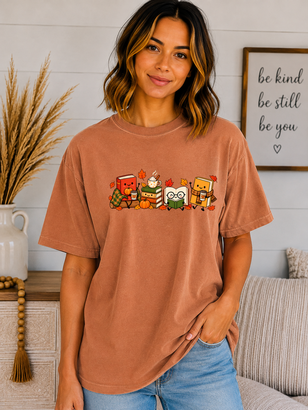 Cozy Fall Book Lover Comfort Colors T-Shirt – Cute Autumn Reading Books, Coffee & Pumpkin Graphic Tee