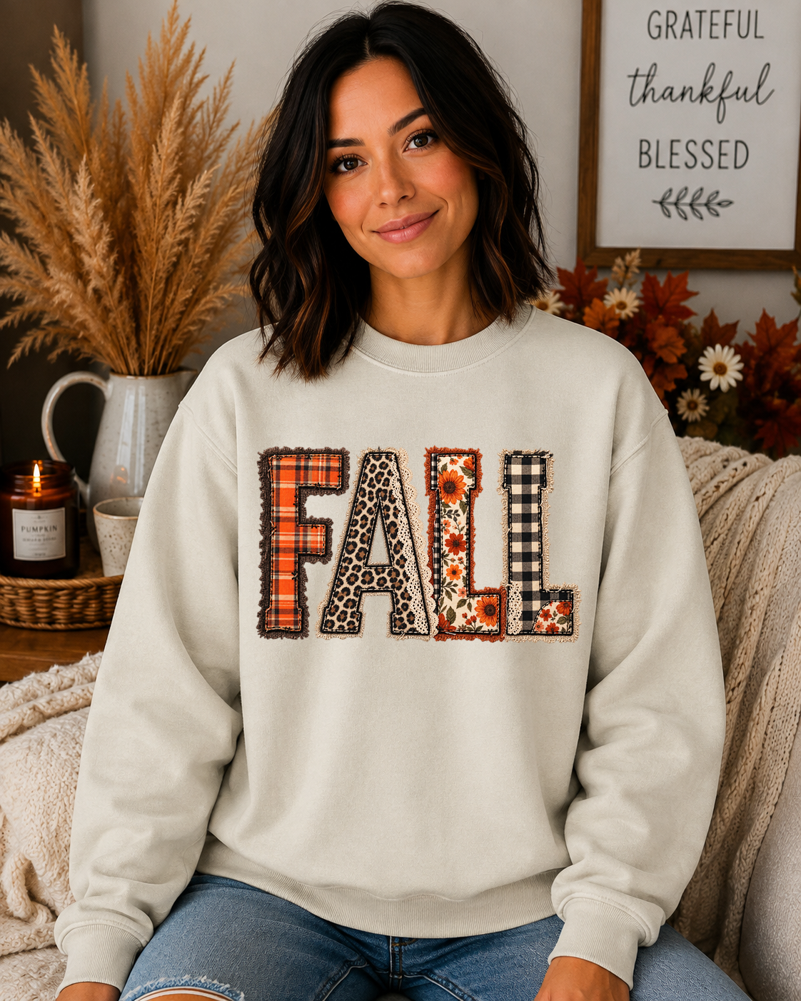 FALL Patchwork Gildan Sweatshirt | Cute Plaid Leopard & Floral Fall Crewneck | Cozy Autumn Graphic Sweatshirt