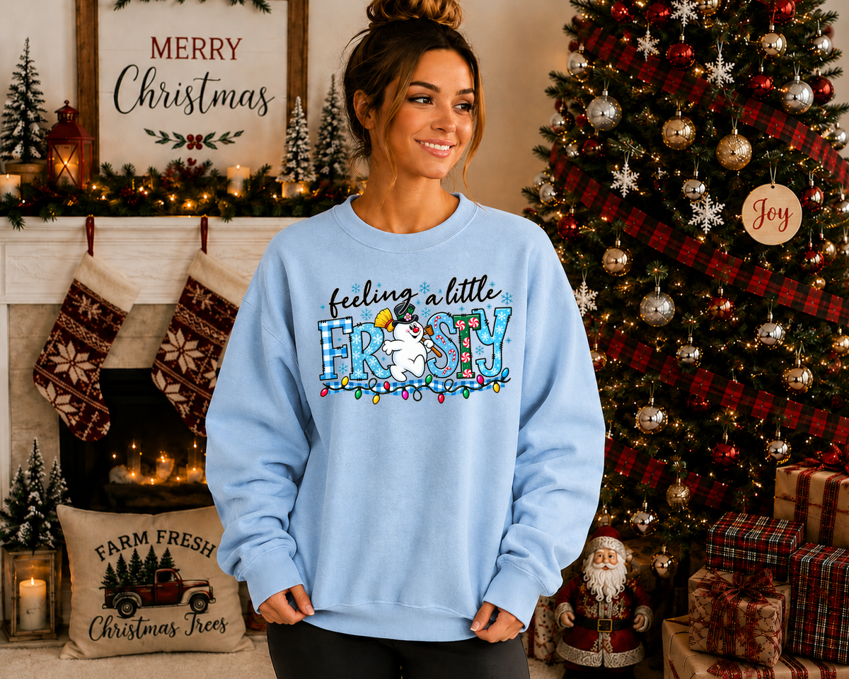 Feeling a Little Frosty Gildan Sweatshirt | Cute Snowman Christmas Crewneck | Colorful Holiday Graphic Sweatshirt