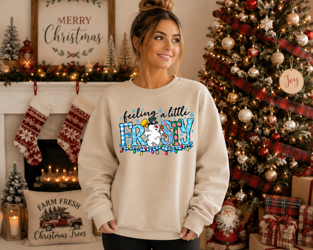 Feeling a Little Frosty Gildan Sweatshirt | Cute Snowman Christmas Crewneck | Colorful Holiday Graphic Sweatshirt