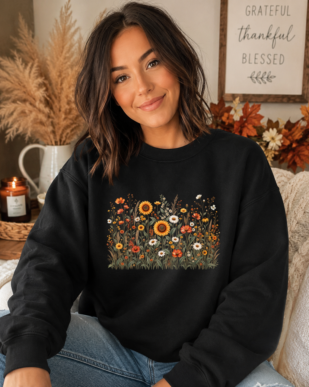 Gildan Wildflower Sweatshirt – Vintage Sunflower & Floral Garden Crewneck, Cozy Botanical Flower Graphic Sweatshirt