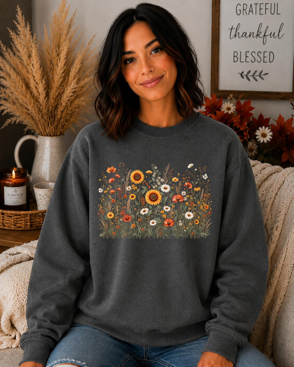 Gildan Wildflower Sweatshirt – Vintage Sunflower & Floral Garden Crewneck, Cozy Botanical Flower Graphic Sweatshirt
