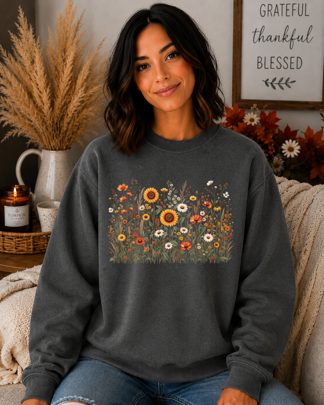 Gildan Wildflower Sweatshirt – Vintage Sunflower & Floral Garden Crewneck, Cozy Botanical Flower Graphic Sweatshirt