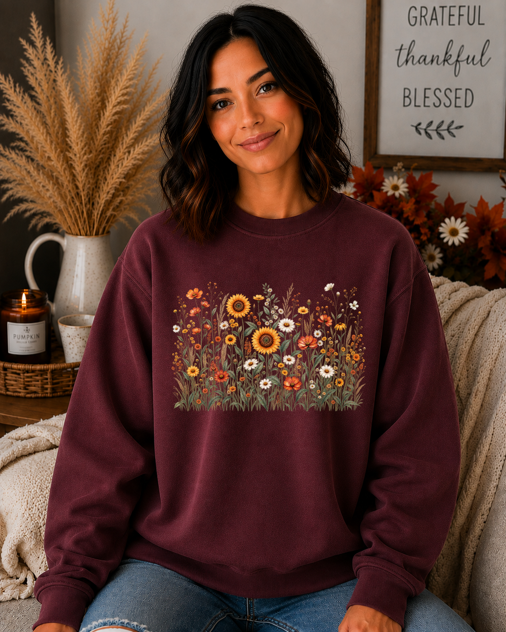 Gildan Wildflower Sweatshirt – Vintage Sunflower & Floral Garden Crewneck, Cozy Botanical Flower Graphic Sweatshirt
