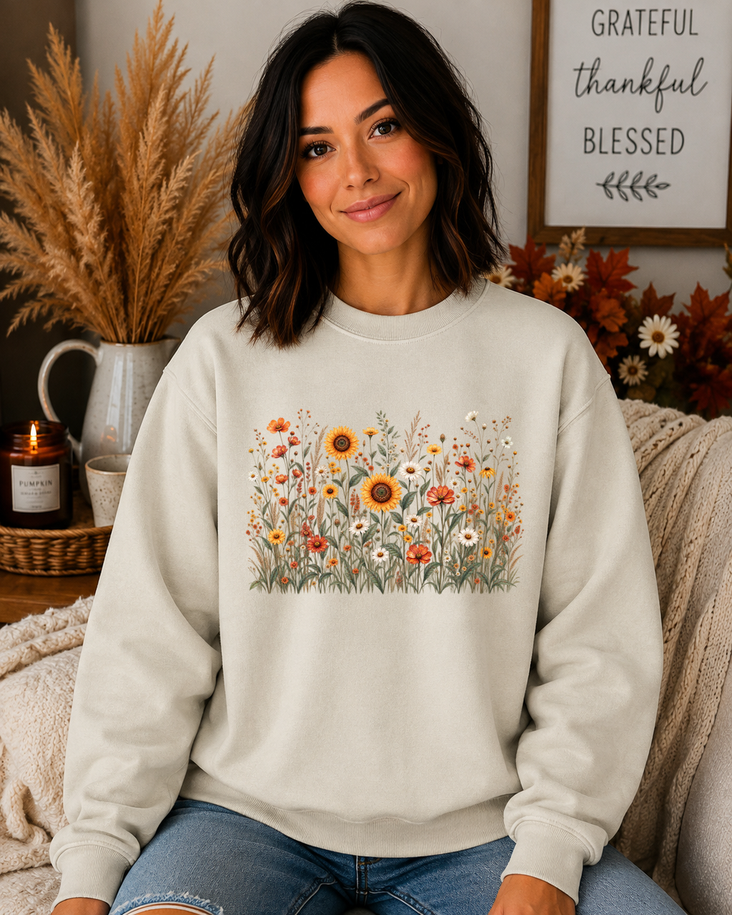 Gildan Wildflower Sweatshirt – Vintage Sunflower & Floral Garden Crewneck, Cozy Botanical Flower Graphic Sweatshirt