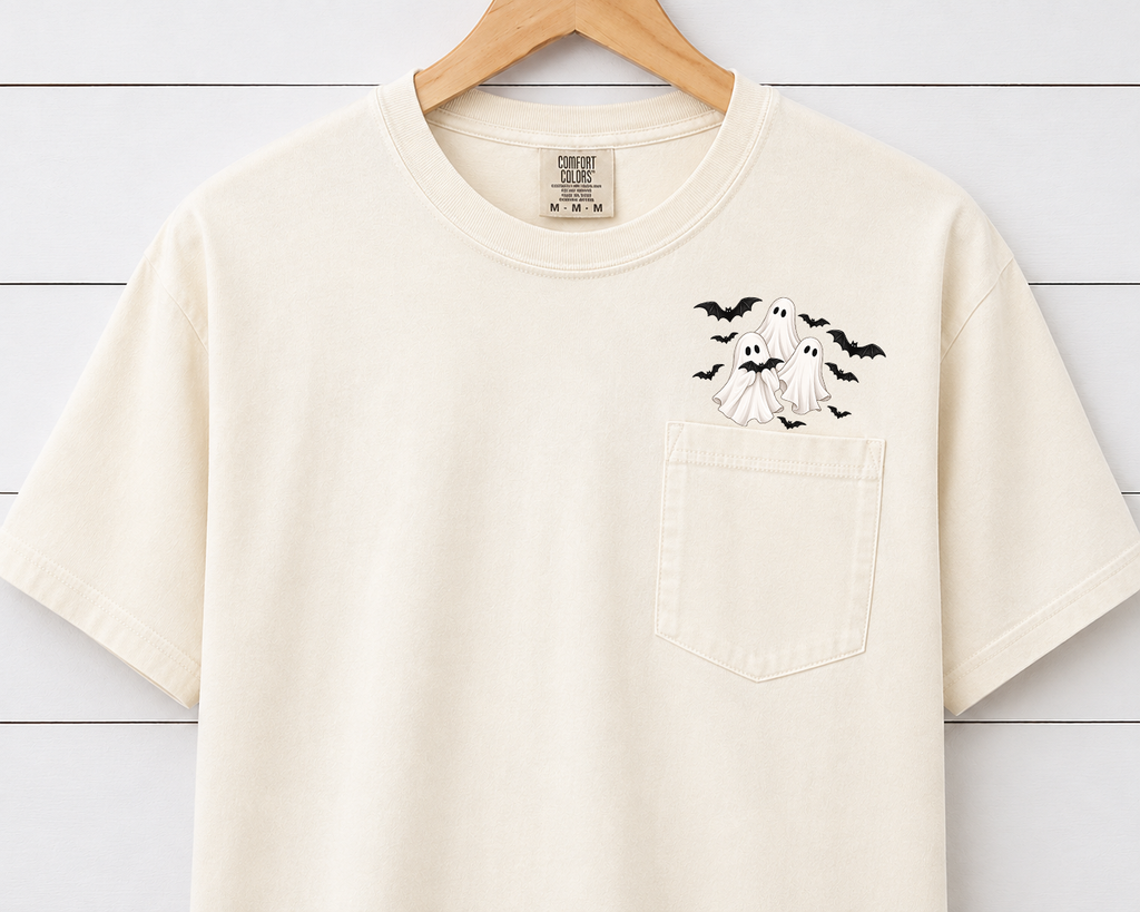 Comfort Colors Flying Ghost & Bats Halloween Pocket T-Shirt – Cute Spooky Ghost Graphic Tee, Fall Halloween Shirt
