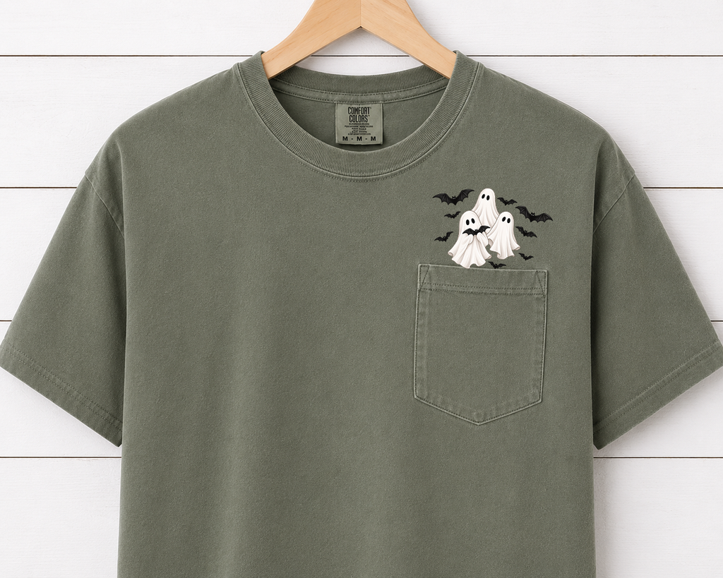 Comfort Colors Flying Ghost & Bats Halloween Pocket T-Shirt – Cute Spooky Ghost Graphic Tee, Fall Halloween Shirt