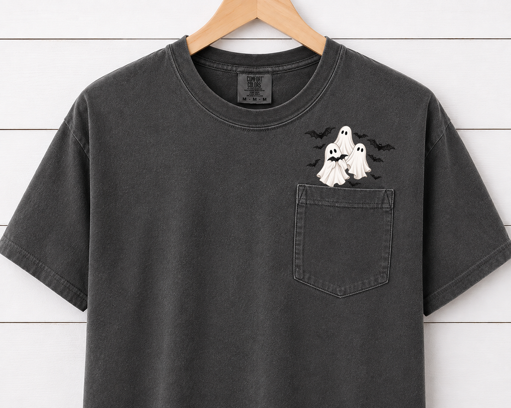 Comfort Colors Flying Ghost & Bats Halloween Pocket T-Shirt – Cute Spooky Ghost Graphic Tee, Fall Halloween Shirt