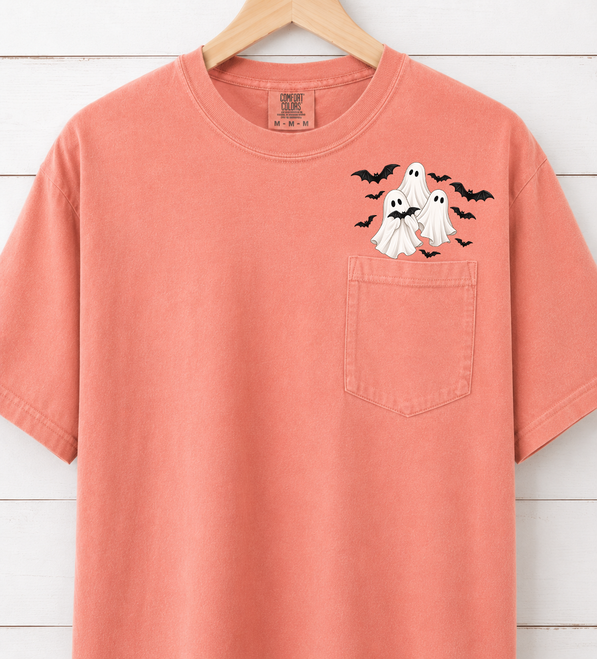 Comfort Colors Flying Ghost & Bats Halloween Pocket T-Shirt – Cute Spooky Ghost Graphic Tee, Fall Halloween Shirt