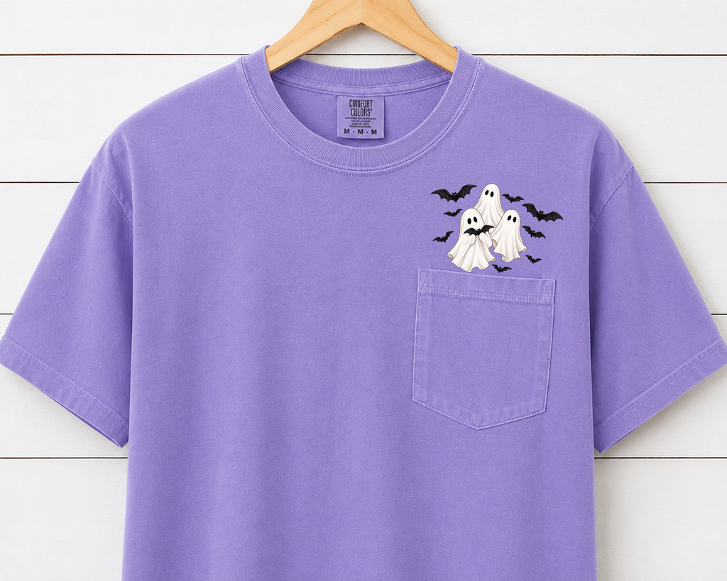 Comfort Colors Flying Ghost & Bats Halloween Pocket T-Shirt – Cute Spooky Ghost Graphic Tee, Fall Halloween Shirt
