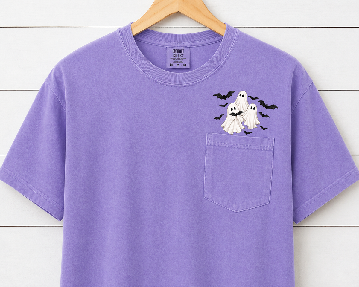 Comfort Colors Flying Ghost & Bats Halloween Pocket T-Shirt – Cute Spooky Ghost Graphic Tee, Fall Halloween Shirt