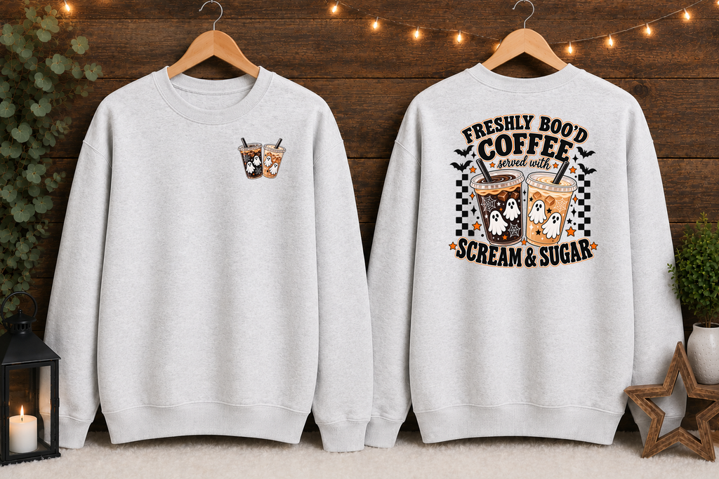 Freshly Boo’d Coffee Halloween Gildan Sweatshirt – Ghost Coffee Scream & Sugar Front & Back Graphic Crewneck