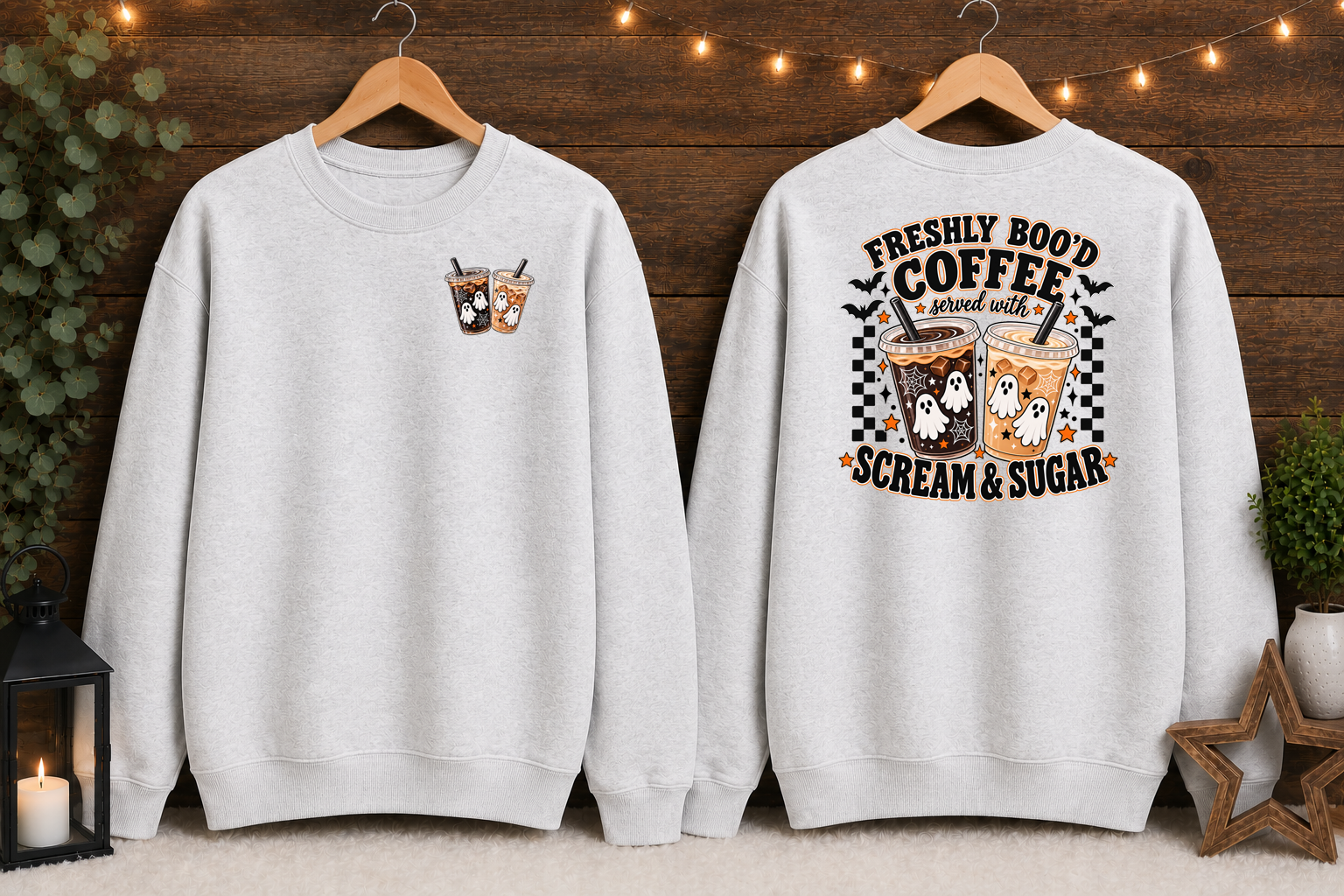 Freshly Boo’d Coffee Halloween Gildan Sweatshirt – Ghost Coffee Scream & Sugar Front & Back Graphic Crewneck