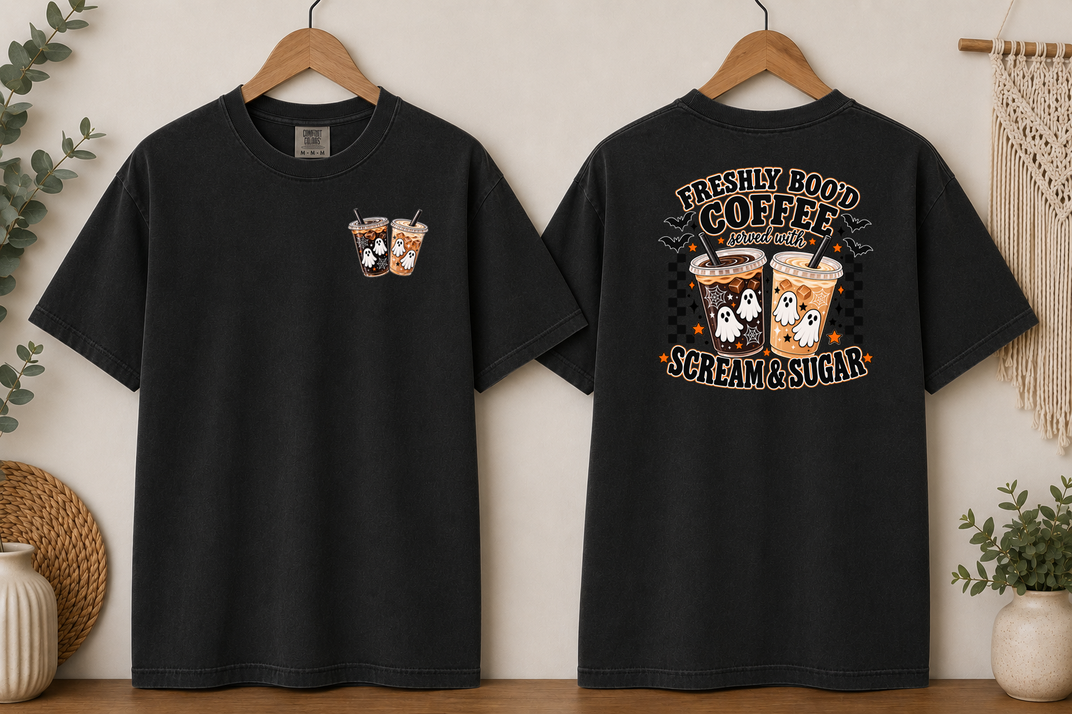 Freshly Boo’d Coffee Comfort Colors T-Shirt – Halloween Ghost Coffee Tee, Scream & Sugar Front & Back Graphic Shirt