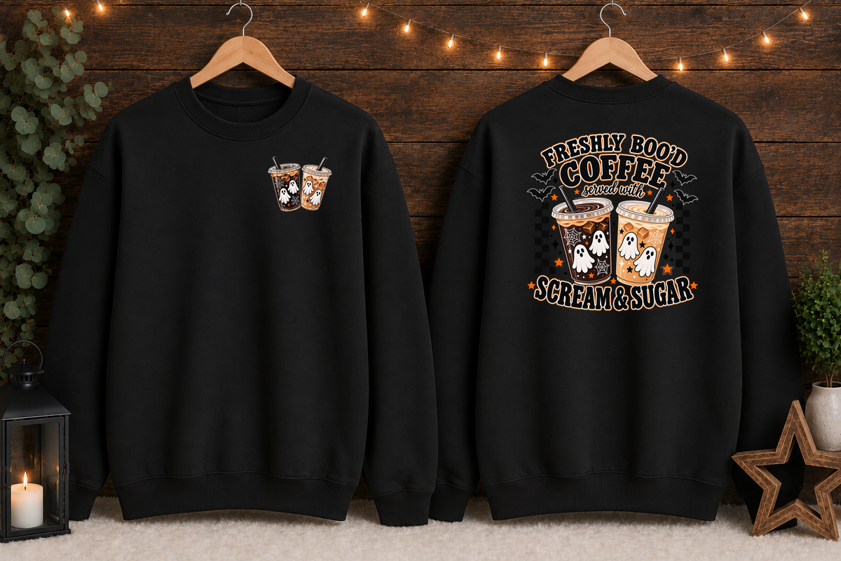 Freshly Boo’d Coffee Halloween Gildan Sweatshirt – Ghost Coffee Scream & Sugar Front & Back Graphic Crewneck