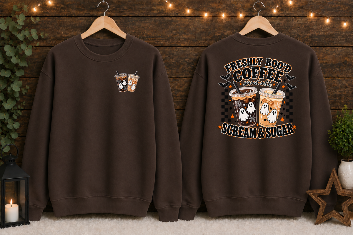 Freshly Boo’d Coffee Halloween Gildan Sweatshirt – Ghost Coffee Scream & Sugar Front & Back Graphic Crewneck