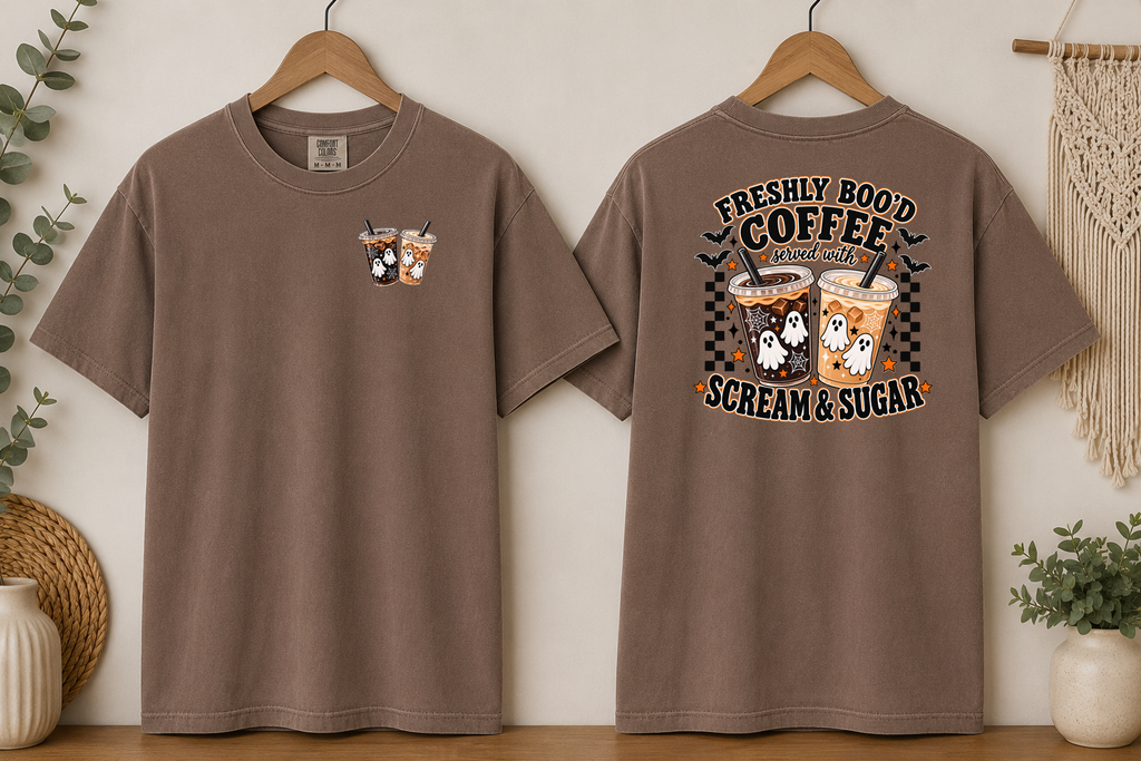 Freshly Boo’d Coffee Comfort Colors T-Shirt – Halloween Ghost Coffee Tee, Scream & Sugar Front & Back Graphic Shirt