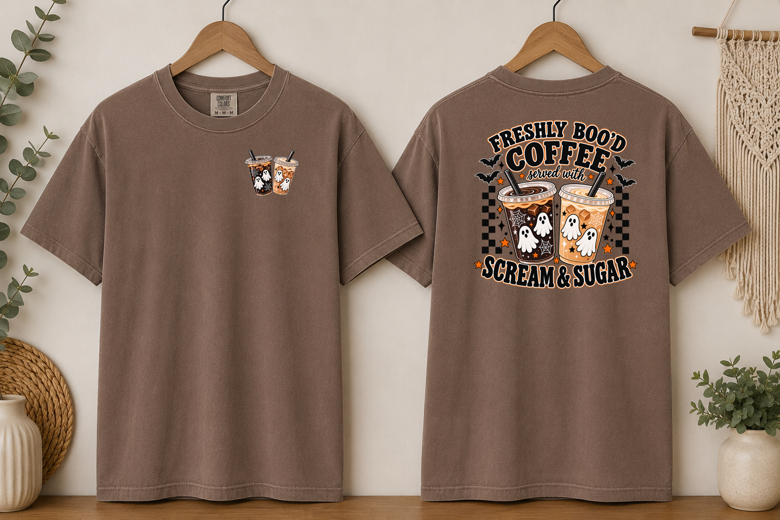 Freshly Boo’d Coffee Comfort Colors T-Shirt – Halloween Ghost Coffee Tee, Scream & Sugar Front & Back Graphic Shirt