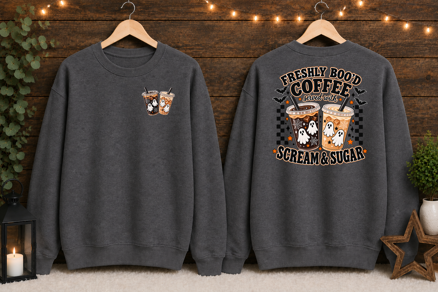 Freshly Boo’d Coffee Halloween Gildan Sweatshirt – Ghost Coffee Scream & Sugar Front & Back Graphic Crewneck