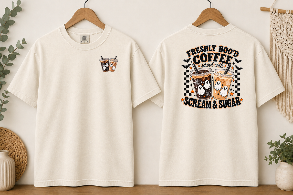 Freshly Boo’d Coffee Comfort Colors T-Shirt – Halloween Ghost Coffee Tee, Scream & Sugar Front & Back Graphic Shirt