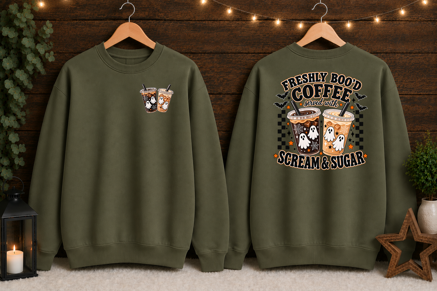 Freshly Boo’d Coffee Halloween Gildan Sweatshirt – Ghost Coffee Scream & Sugar Front & Back Graphic Crewneck