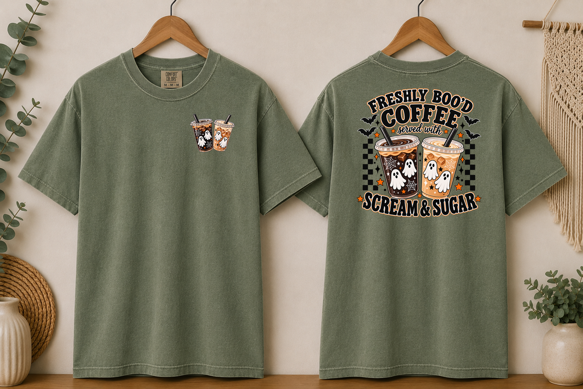 Freshly Boo’d Coffee Comfort Colors T-Shirt – Halloween Ghost Coffee Tee, Scream & Sugar Front & Back Graphic Shirt