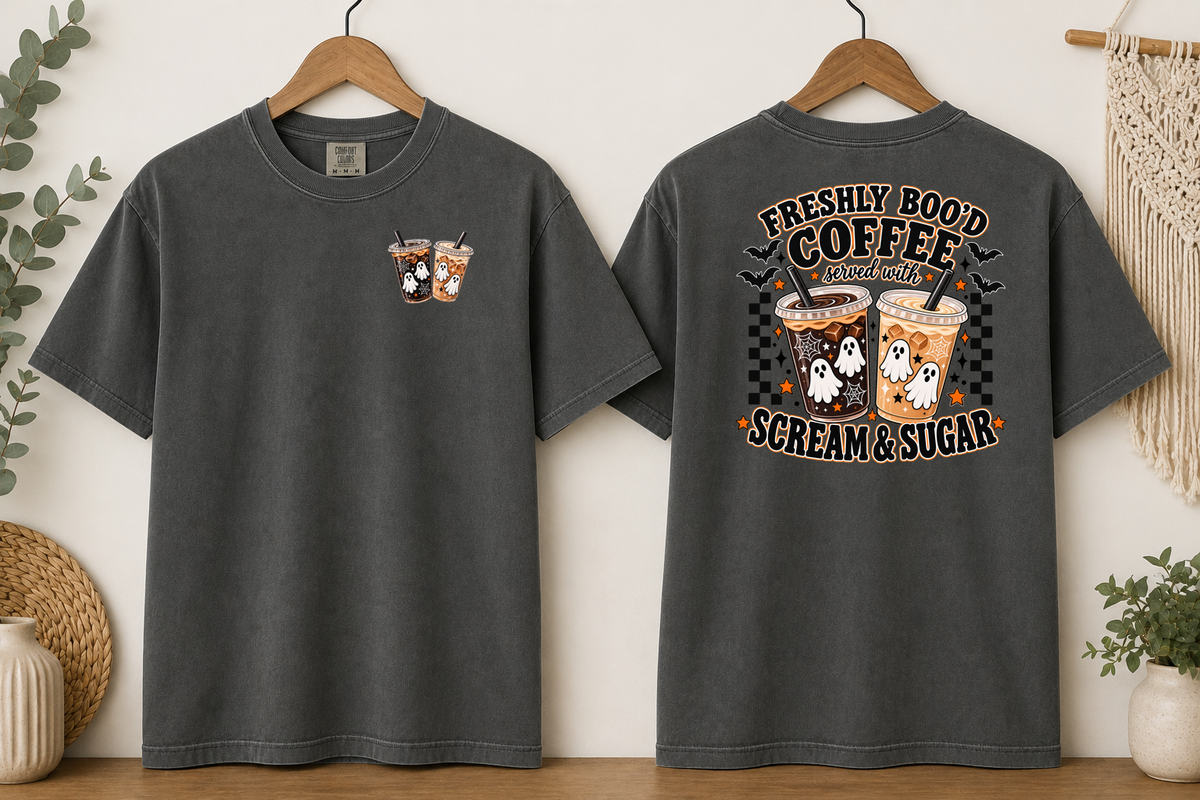 Freshly Boo’d Coffee Comfort Colors T-Shirt – Halloween Ghost Coffee Tee, Scream & Sugar Front & Back Graphic Shirt