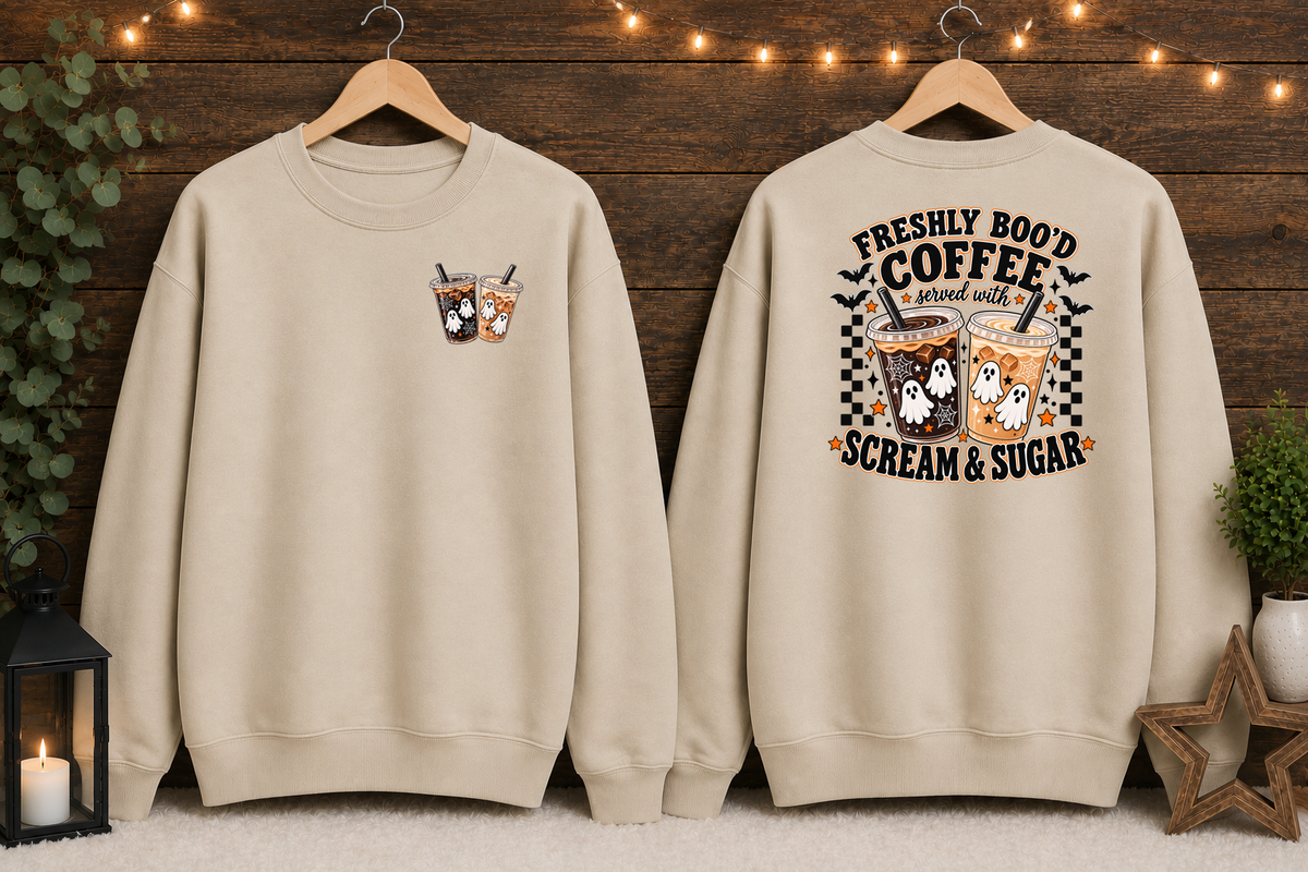 Freshly Boo’d Coffee Halloween Gildan Sweatshirt – Ghost Coffee Scream & Sugar Front & Back Graphic Crewneck