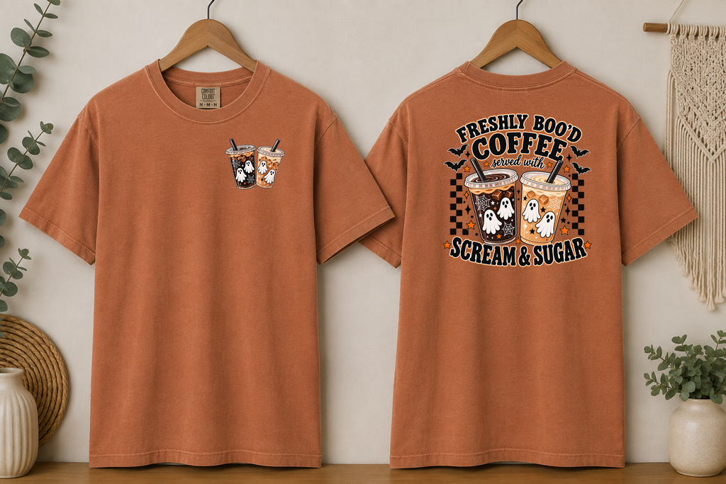 Freshly Boo’d Coffee Comfort Colors T-Shirt – Halloween Ghost Coffee Tee, Scream & Sugar Front & Back Graphic Shirt