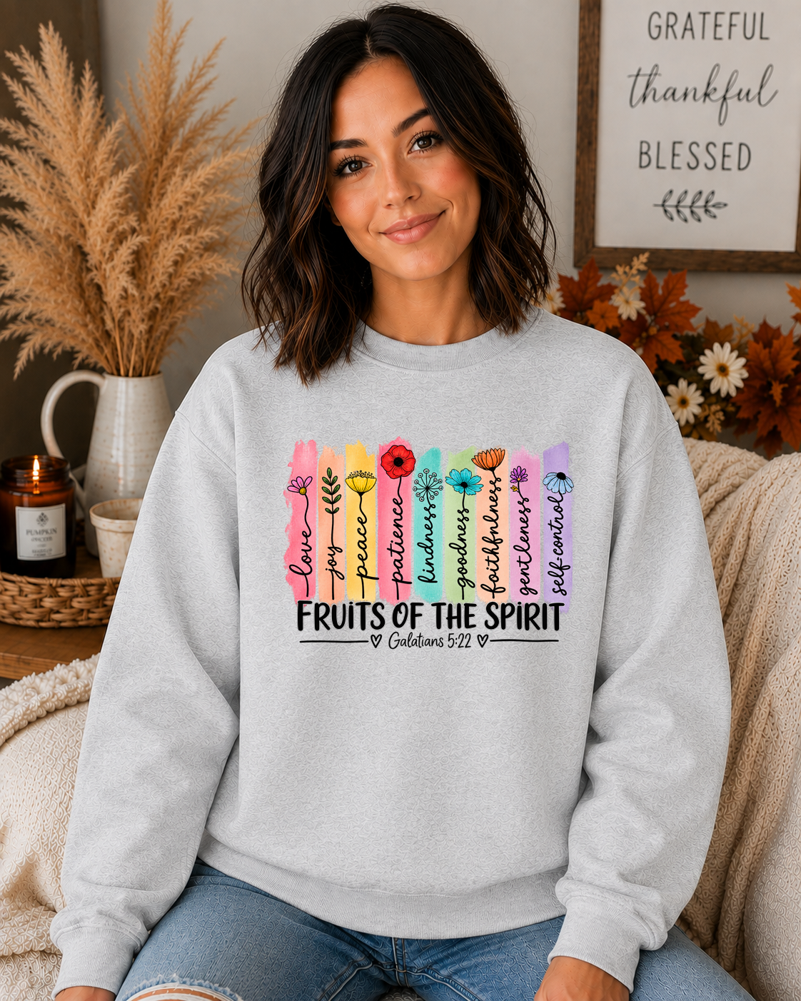 Fruits of the Spirit Gildan Sweatshirt – Galatians 5:22 Christian Crewneck, Colorful Floral Faith Sweatshirt, Bible Verse Shirt