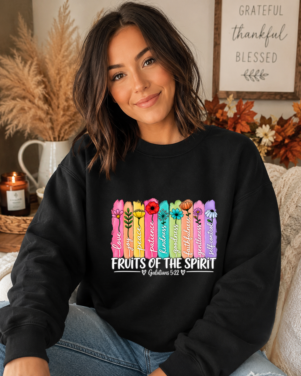 Fruits of the Spirit Gildan Sweatshirt – Galatians 5:22 Christian Crewneck, Colorful Floral Faith Sweatshirt, Bible Verse Shirt
