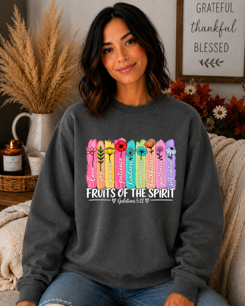 Fruits of the Spirit Gildan Sweatshirt – Galatians 5:22 Christian Crewneck, Colorful Floral Faith Sweatshirt, Bible Verse Shirt
