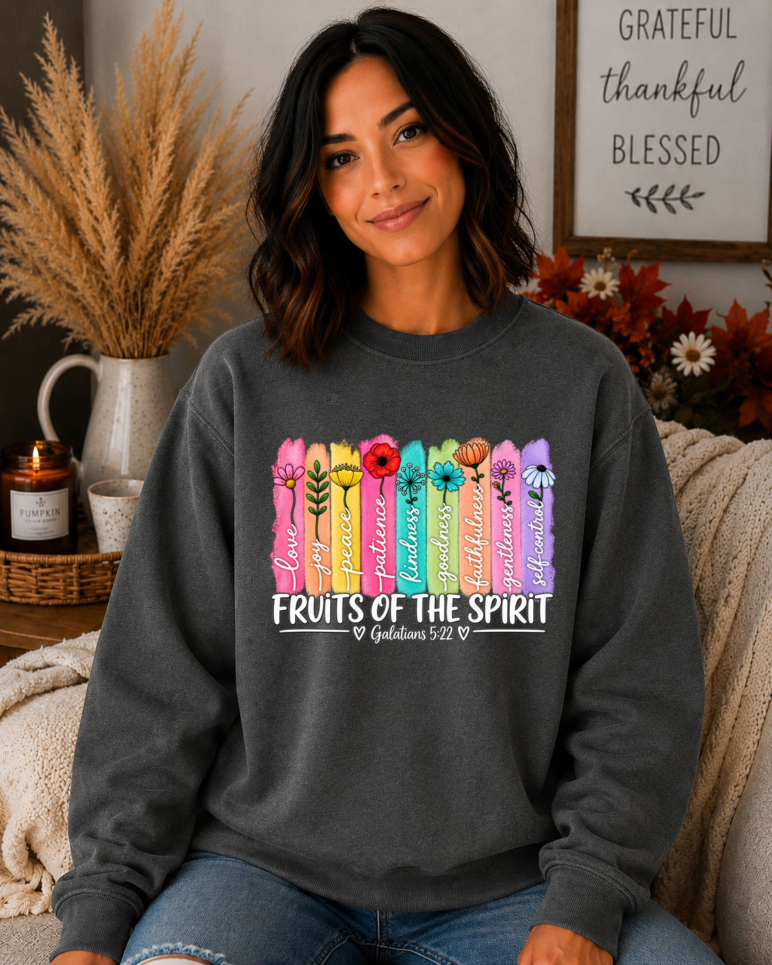 Fruits of the Spirit Gildan Sweatshirt – Galatians 5:22 Christian Crewneck, Colorful Floral Faith Sweatshirt, Bible Verse Shirt