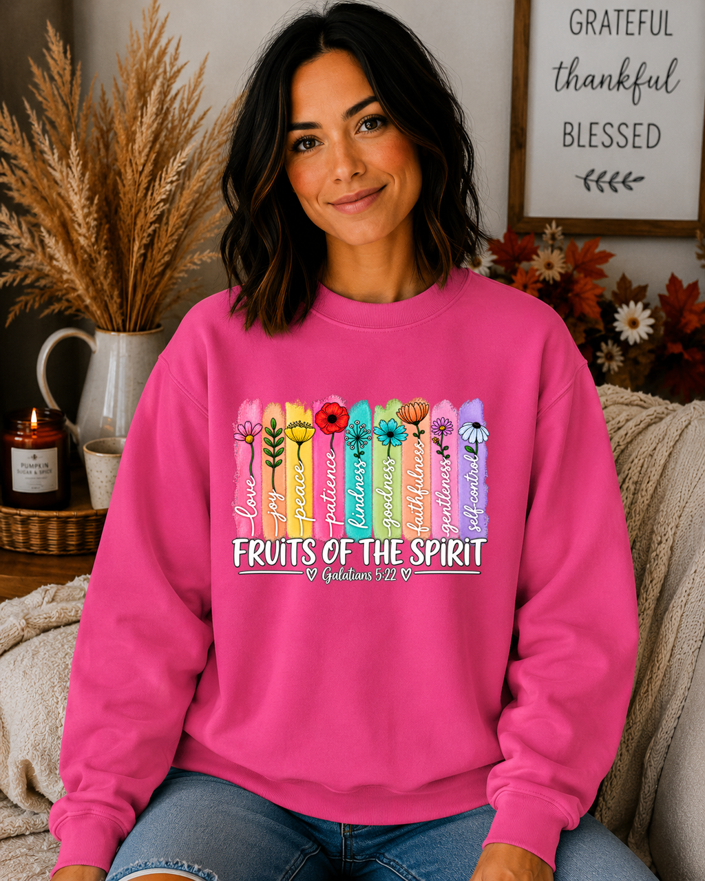 Fruits of the Spirit Gildan Sweatshirt – Galatians 5:22 Christian Crewneck, Colorful Floral Faith Sweatshirt, Bible Verse Shirt