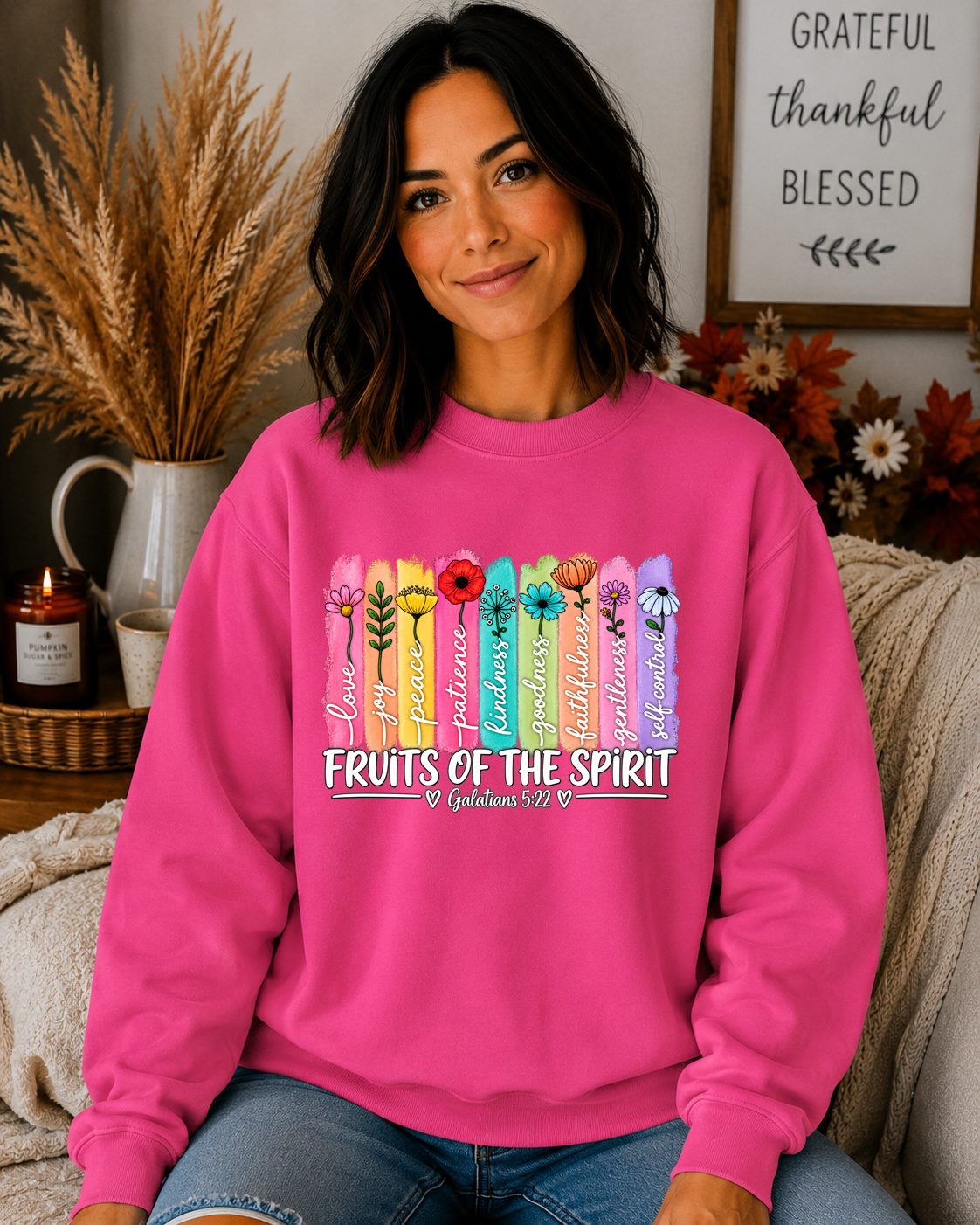 Fruits of the Spirit Gildan Sweatshirt – Galatians 5:22 Christian Crewneck, Colorful Floral Faith Sweatshirt, Bible Verse Shirt