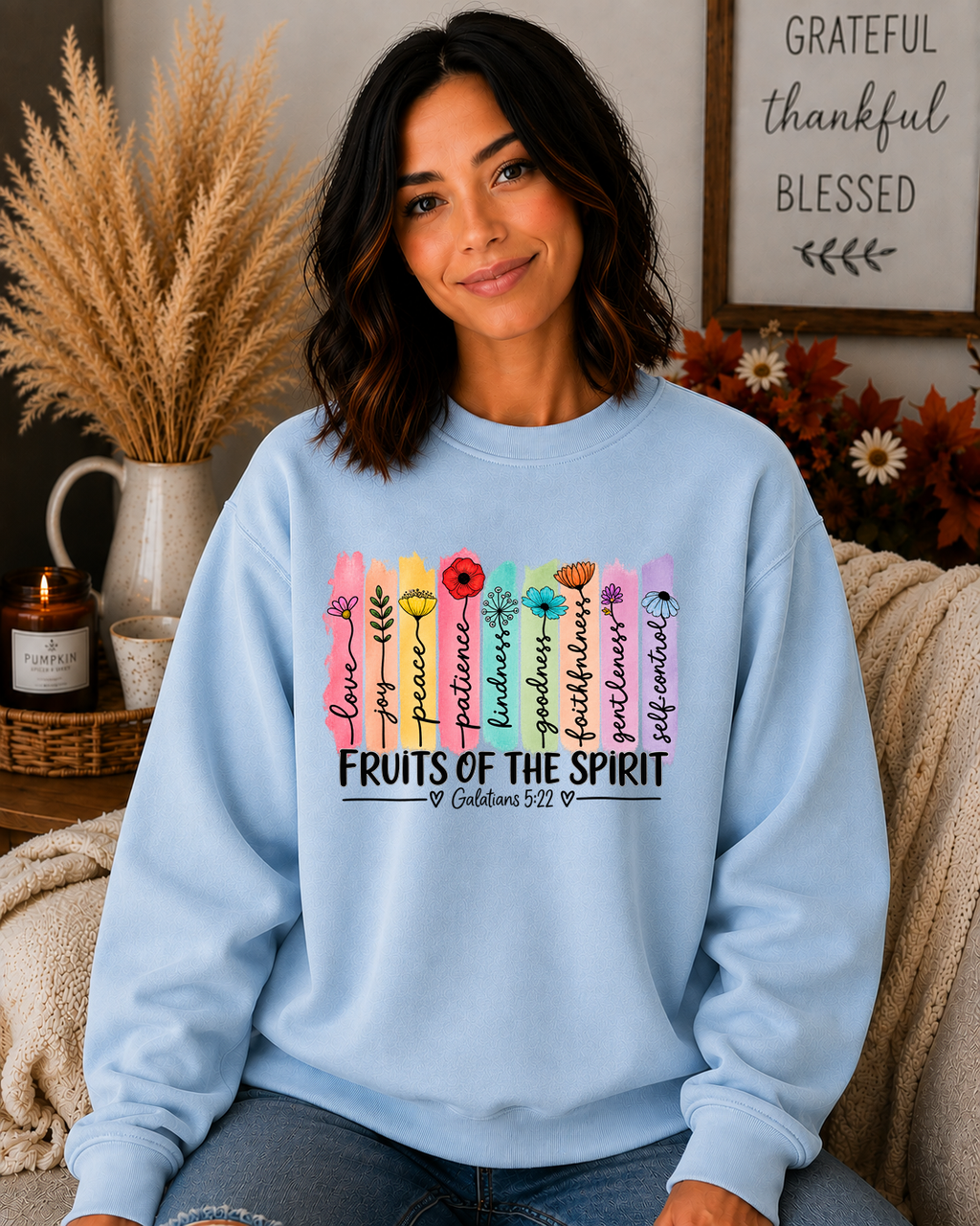 Fruits of the Spirit Gildan Sweatshirt – Galatians 5:22 Christian Crewneck, Colorful Floral Faith Sweatshirt, Bible Verse Shirt