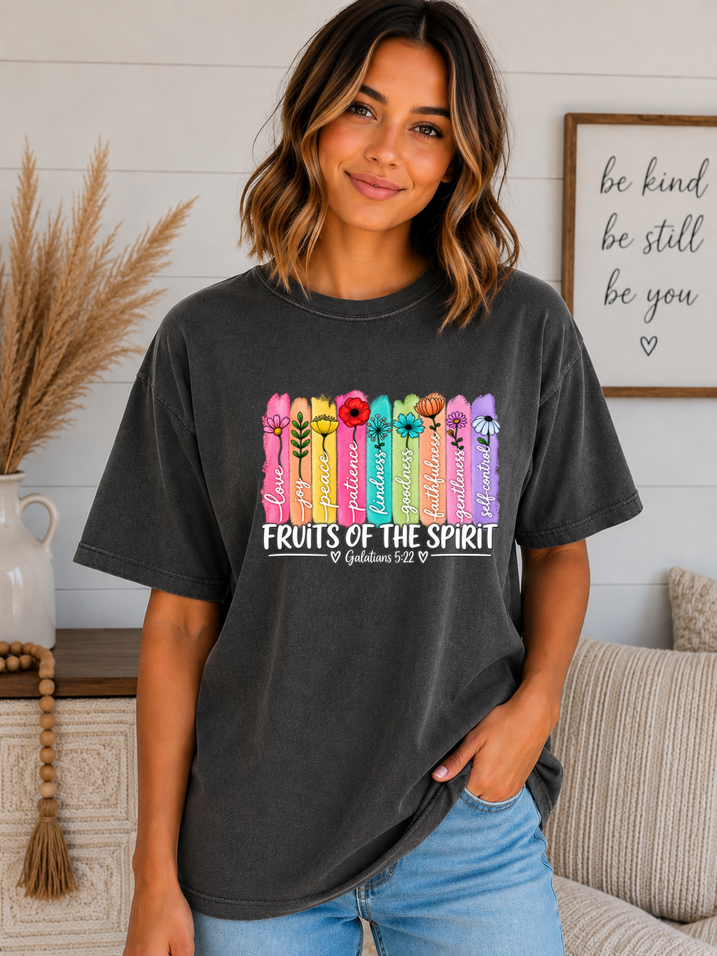 Fruits of the Spirit Comfort Colors T-Shirt – Galatians 5:22 Christian Floral Faith Tee – Colorful Bible Verse Shirt