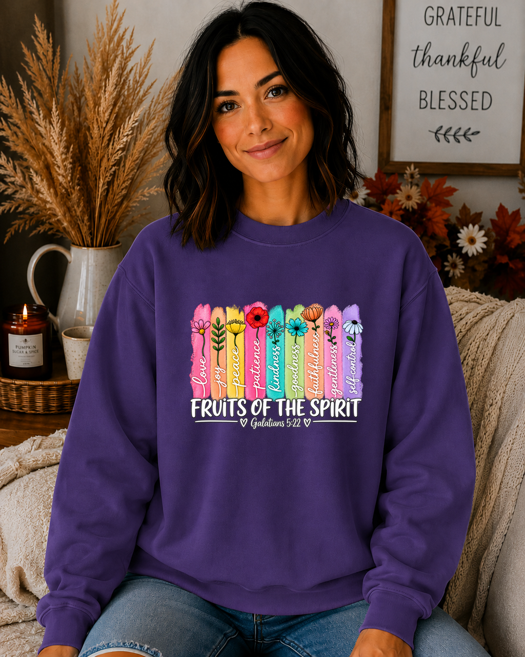 Fruits of the Spirit Gildan Sweatshirt – Galatians 5:22 Christian Crewneck, Colorful Floral Faith Sweatshirt, Bible Verse Shirt