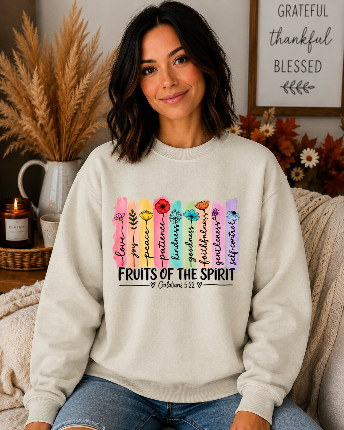 Fruits of the Spirit Gildan Sweatshirt – Galatians 5:22 Christian Crewneck, Colorful Floral Faith Sweatshirt, Bible Verse Shirt