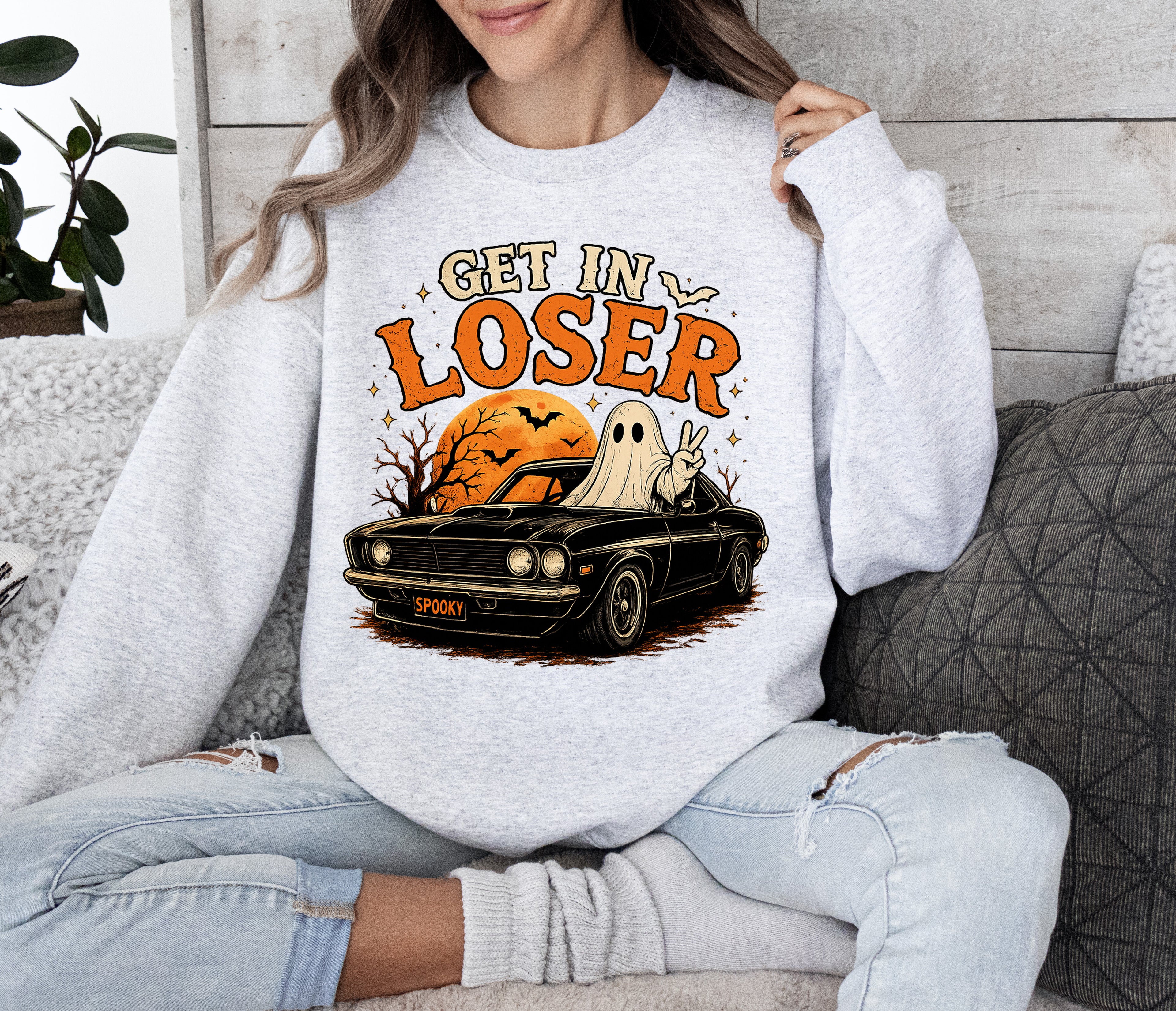 Get In Loser, Ghost, Car Ride, Gildan Sweatshirt