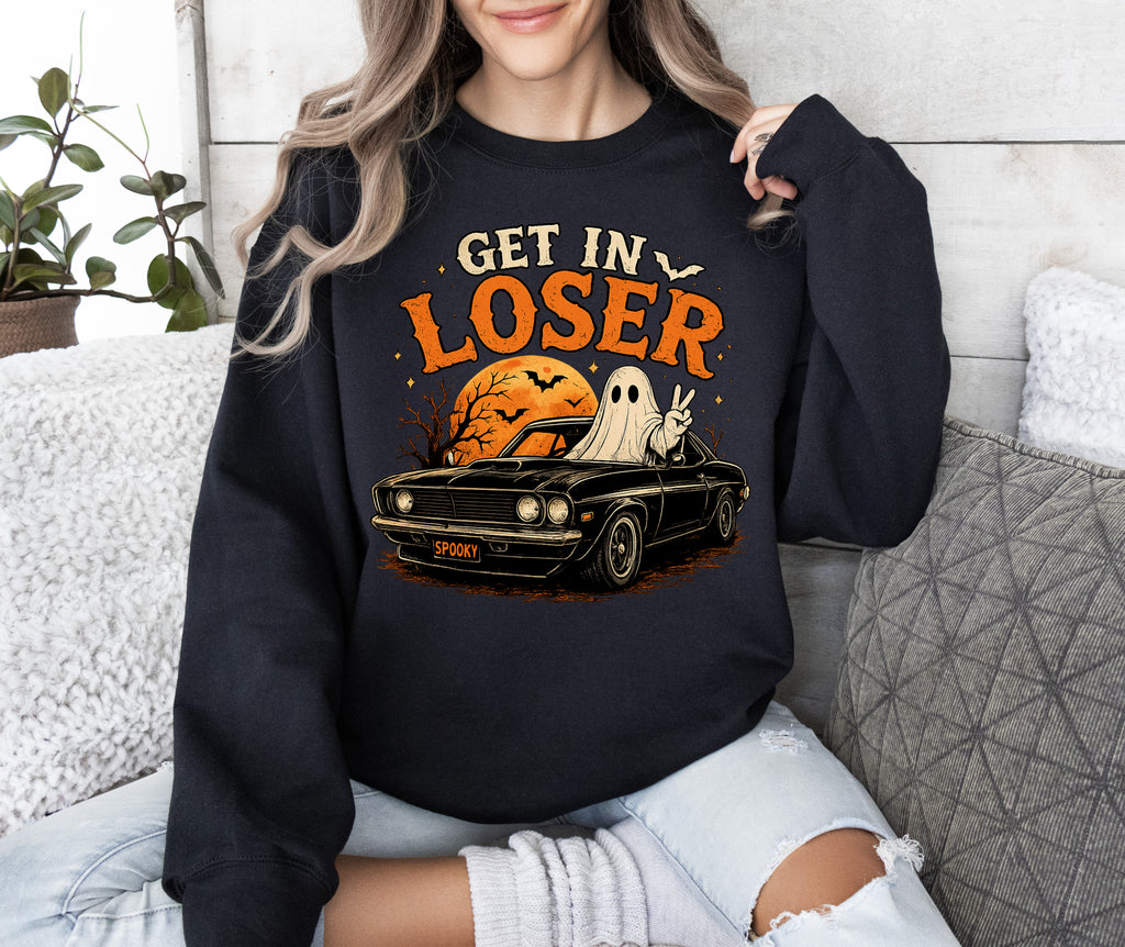 Get In Loser, Ghost, Car Ride, Gildan Sweatshirt