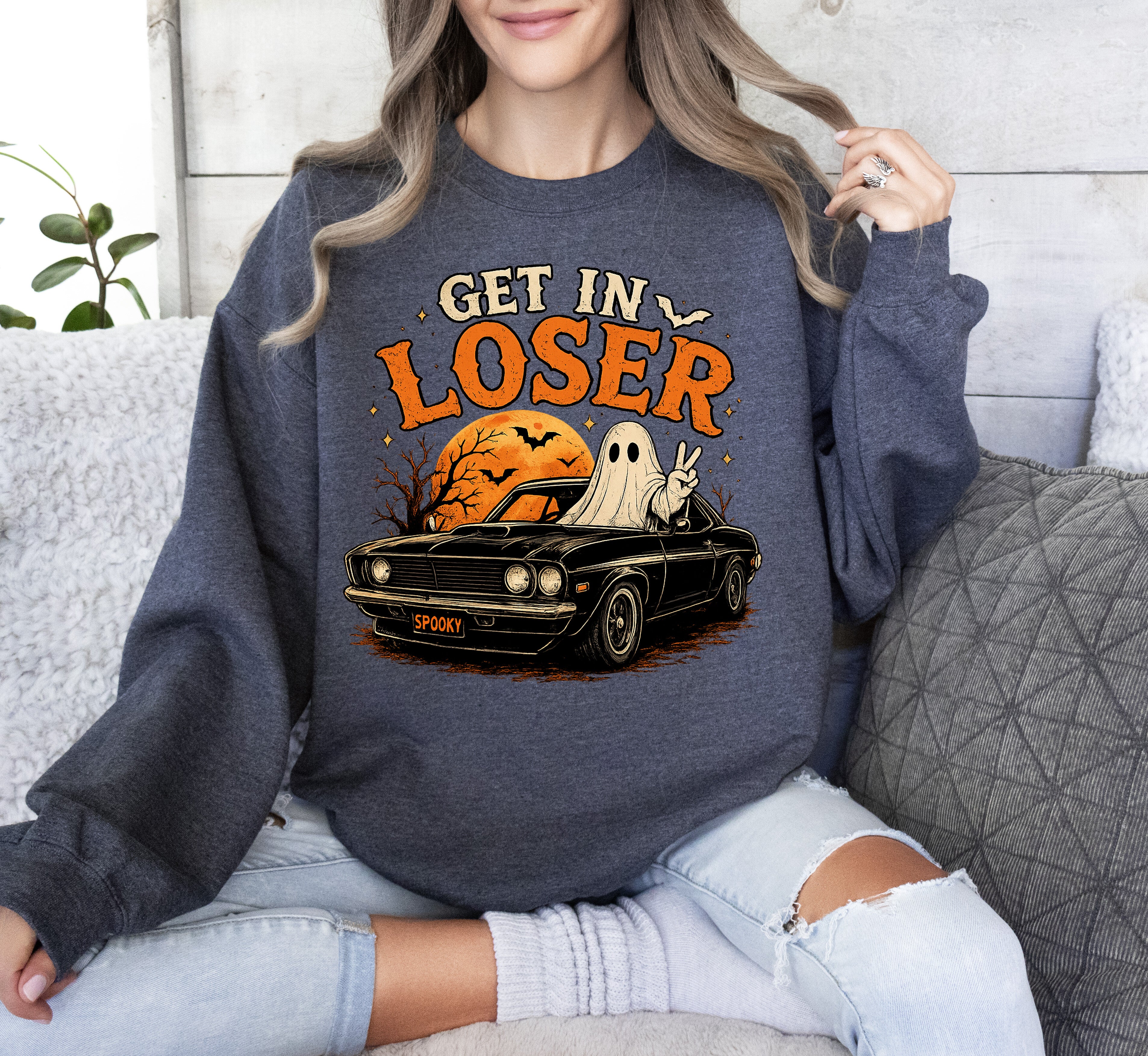 Get In Loser, Ghost, Car Ride, Gildan Sweatshirt