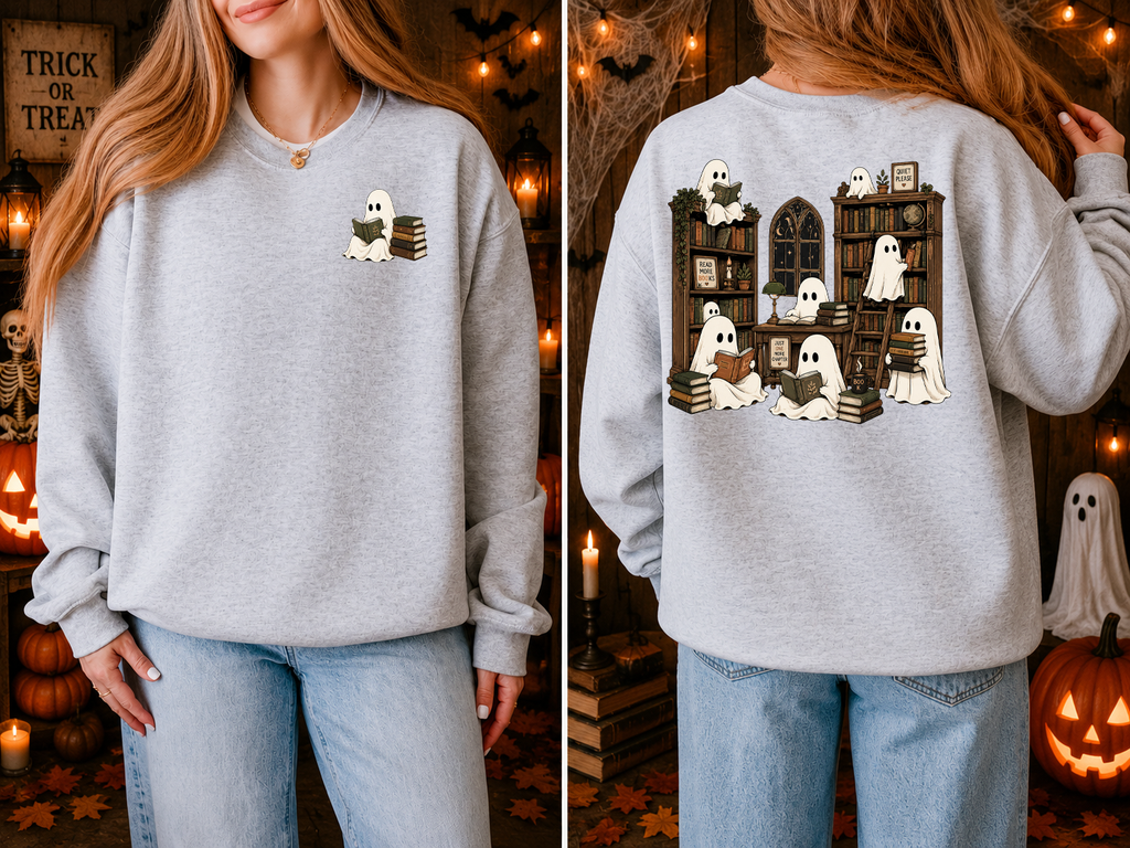 Ghost and Bookshelf, Books, Halloween, Gildan Sweatshirt