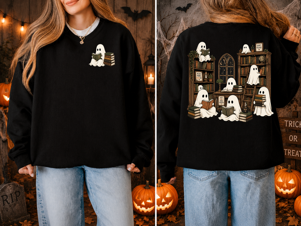 Ghost and Bookshelf, Books, Halloween, Gildan Sweatshirt