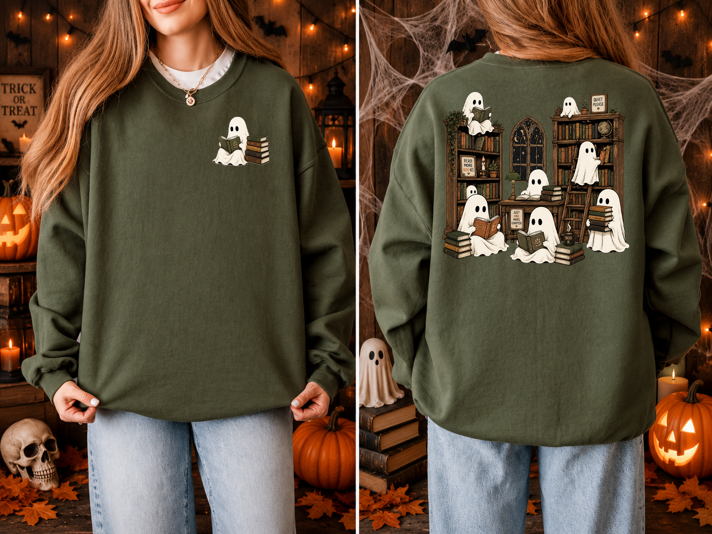 Ghost and Bookshelf, Books, Halloween, Gildan Sweatshirt